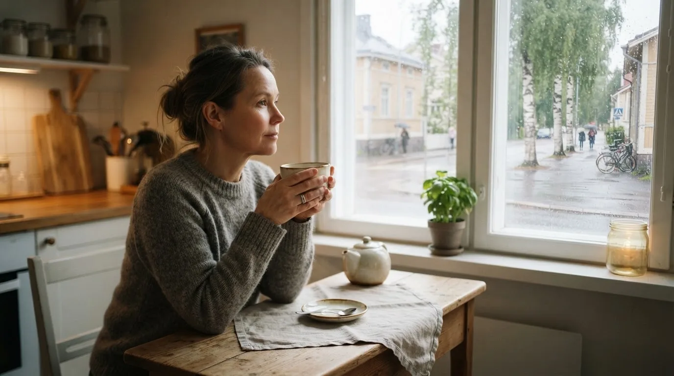 Henkilö istuu keittiön pöydän ääressä teekupin kanssa katsellen ulos ikkunasta rauhallisena aamuna.