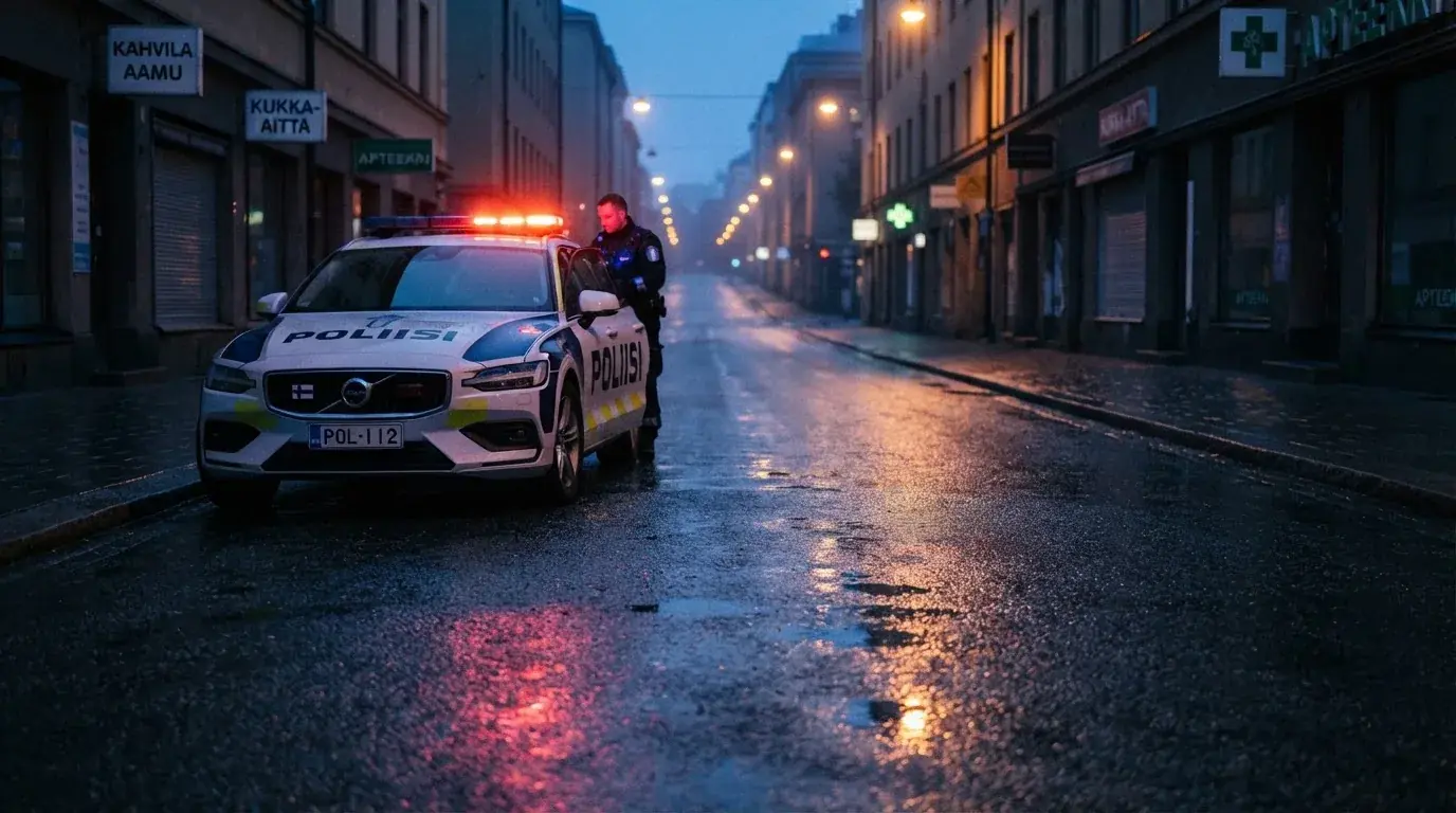 Poliisiauto seisoo pysäköitynä kadulla iltahämärässä, valot heijastuvat kostealta asfaltilta hiljaisen kadun varrella.